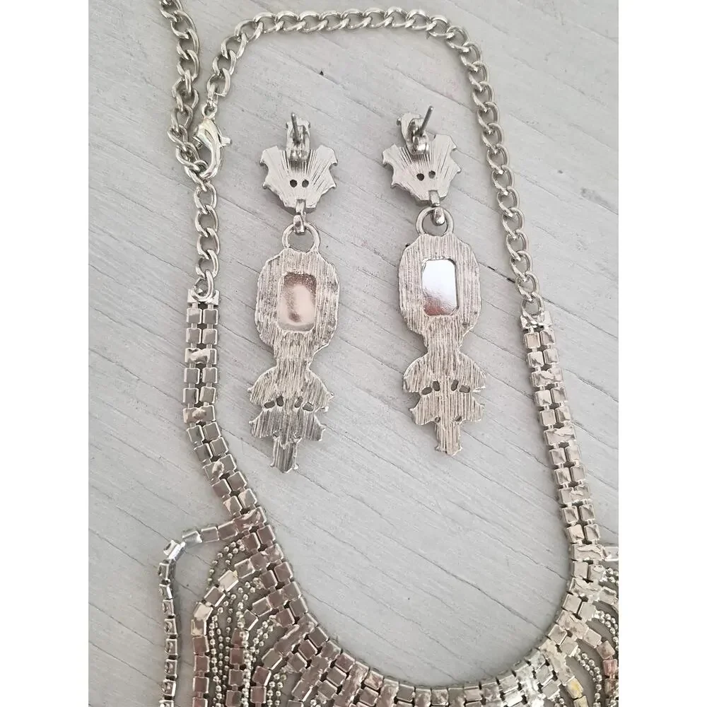 Long Rhinestone Bib Necklace with Earrings Set